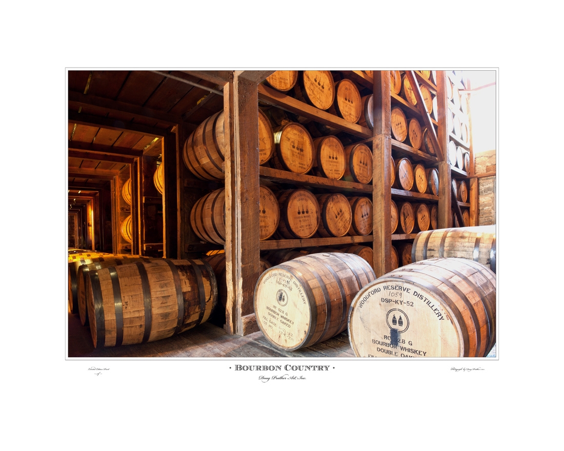 A fine art bourbon whiskey print, Bourbon barrels aging in their wooden ricks, or racks, in warehouses all throughout Kentucky, show here at the Woodford Reserve Distillery in Woodford County. Photograph by Doug Prather