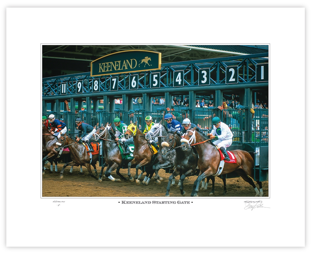 A fine art horse racing print. Powerful Thoroughbred horses strain, their jockeys hold on tight, riding in colorful silks. A horse race at the famous Spring Meet Keeneland Race Course, in the Bluegrass, Lexington, KY. Photo by Doug Prather