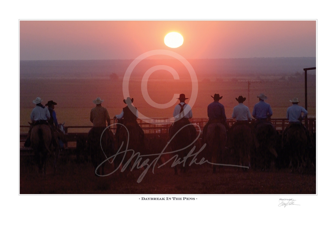 Daybreak In The Pens, a fine art print by Doug Prather. As the sun rises bringing on hard work, nine silhouetting cowboys form a line with their horses pushing cattle down the line. Photographed on the Pitchfork Ranch, Guthrie, Texas. 
