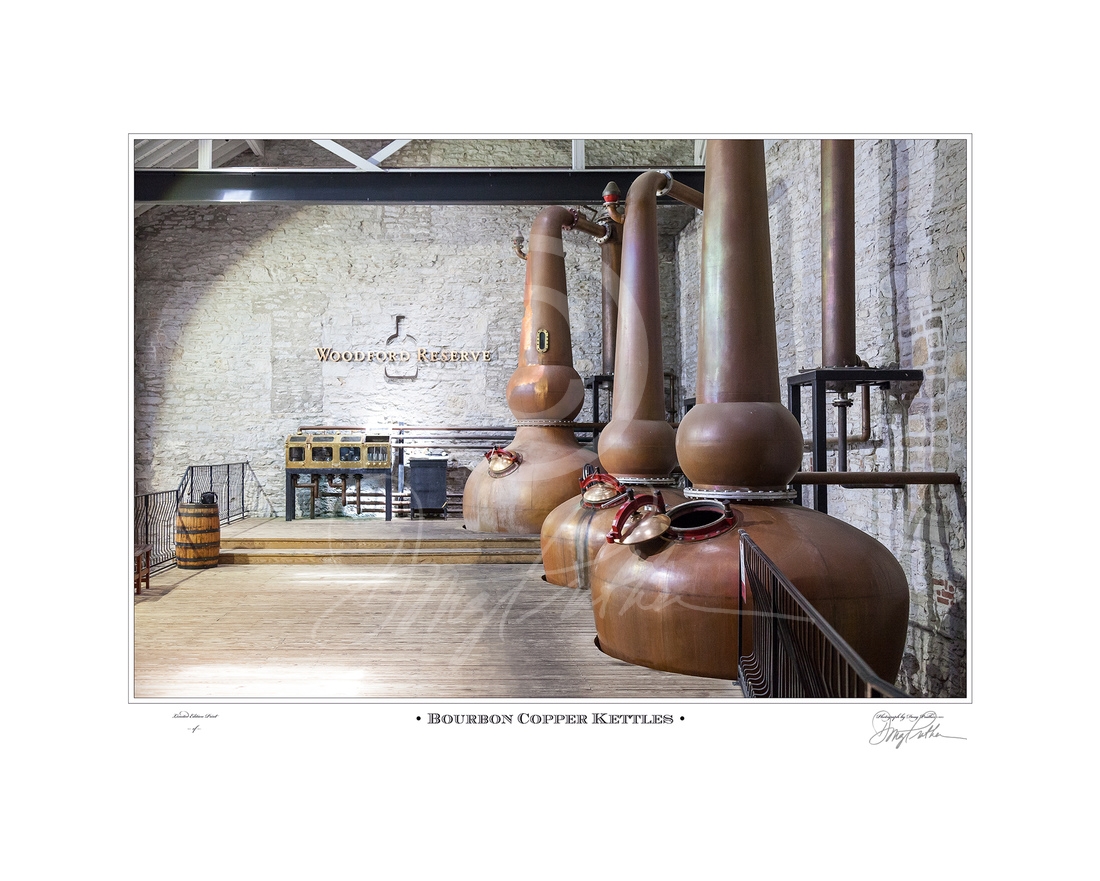 Bourbon Copper Kettles, fine art, print, Doug Prather, copper, Bourbon distilling, kettles, Woodford Reserve Distillery, Versailles, Kentucky, art, fine aged, distillery, scenic, historic, Kenucky bourbon, bourbon, site, National Historic Landmark,1812.