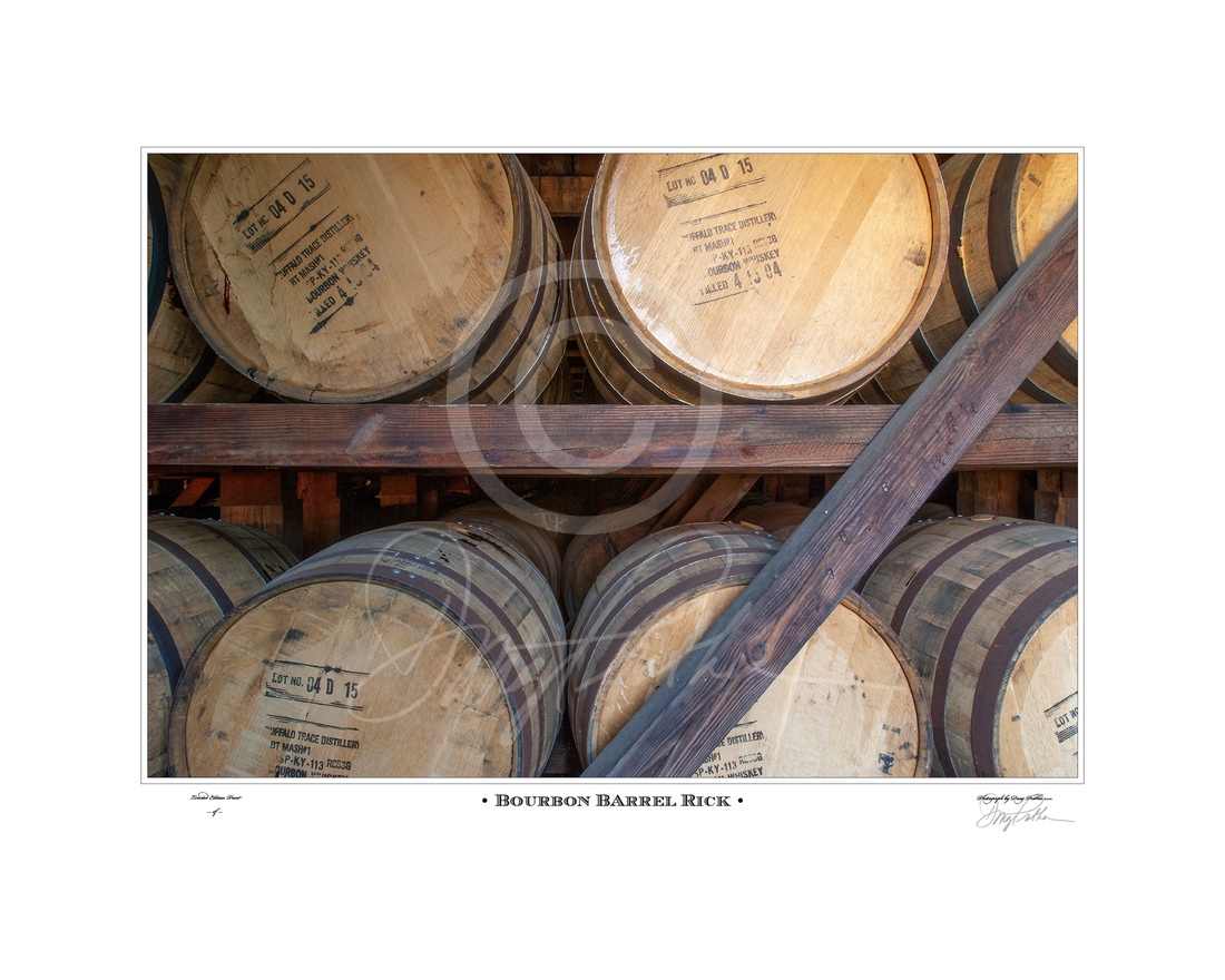 Bourbon Barrel Rick, fine art, print, Doug Prather, Kentucky, Bourbon, whiskey, warehouse, detail,barrell Rick, full ,barrels, Bourbon, stored, aging, oak barrels, charred barrel, barrel, fire, world-known, brown colored, color. Photograph, famous, Wareh